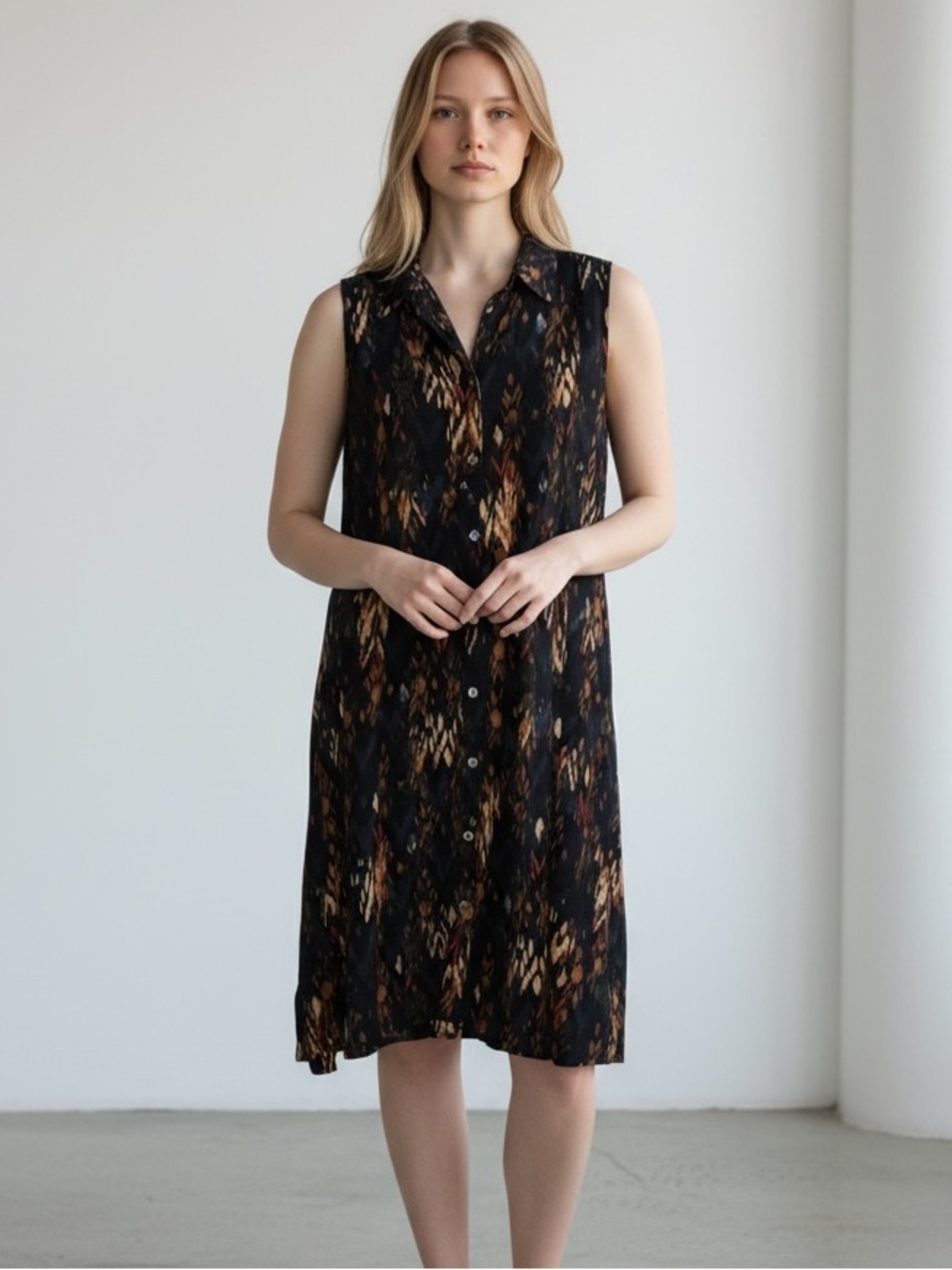 Beach Lunch Lounge Shirt Dress S/P - Black & Brown Abstract Print